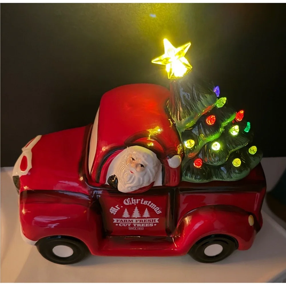 Mr. Christmas Red Truck Santa Light Up Tree Ceramic Farmhouse Holiday Cookie Jar